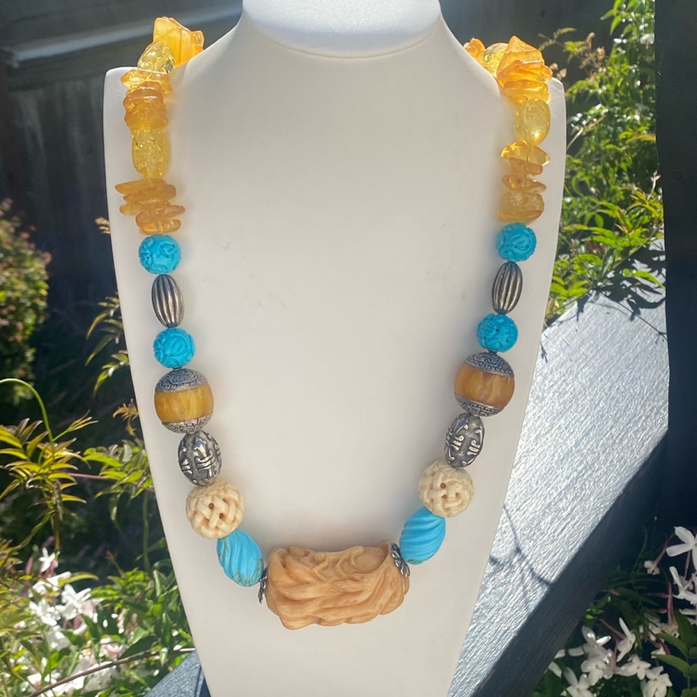 Turquoise and Baltic Amber Beaded Necklace